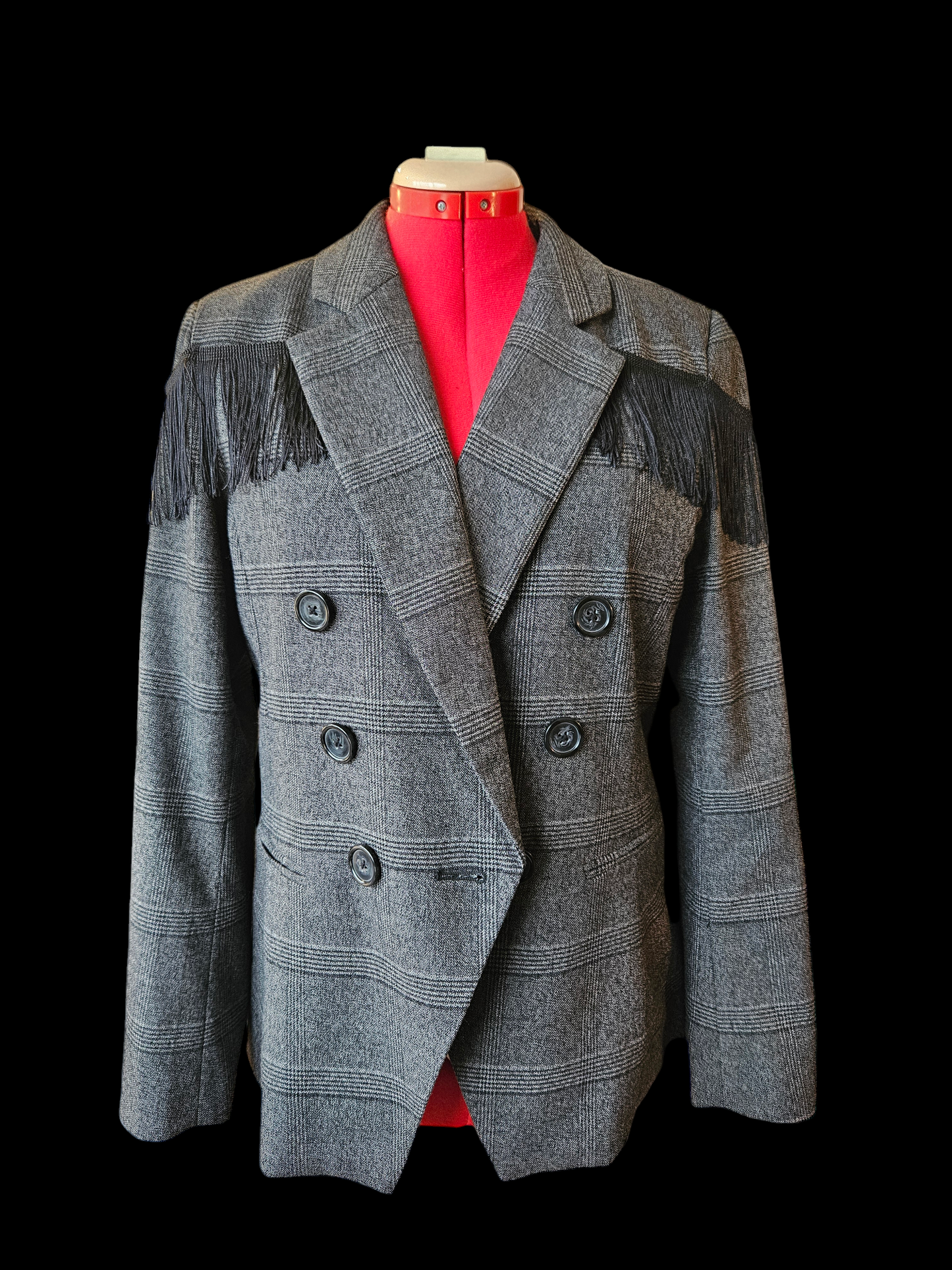 Checkered Grey Suit Jacket with Black Fringe- size M-L