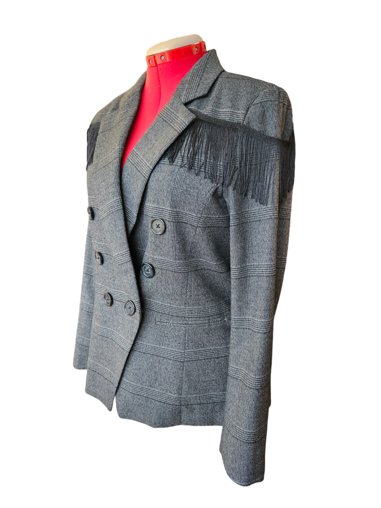 Checkered Grey Suit Jacket with Black Fringe- size M-L